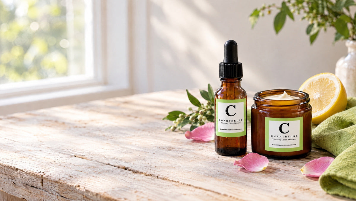 Chartreuse Daily C Serum and Radiance Face Cream on a wooden table with rose petals and a lemon