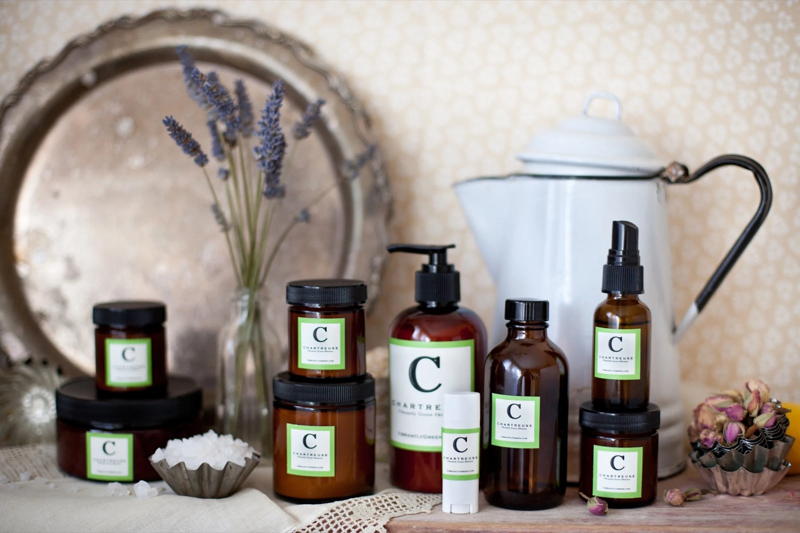 The Chartreuse collection in amber jars and bottles