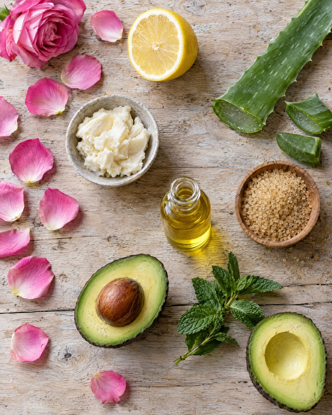 Rose petals, lemon, aloe, shea butter, cane sugar, avocado and mint on a wooden table