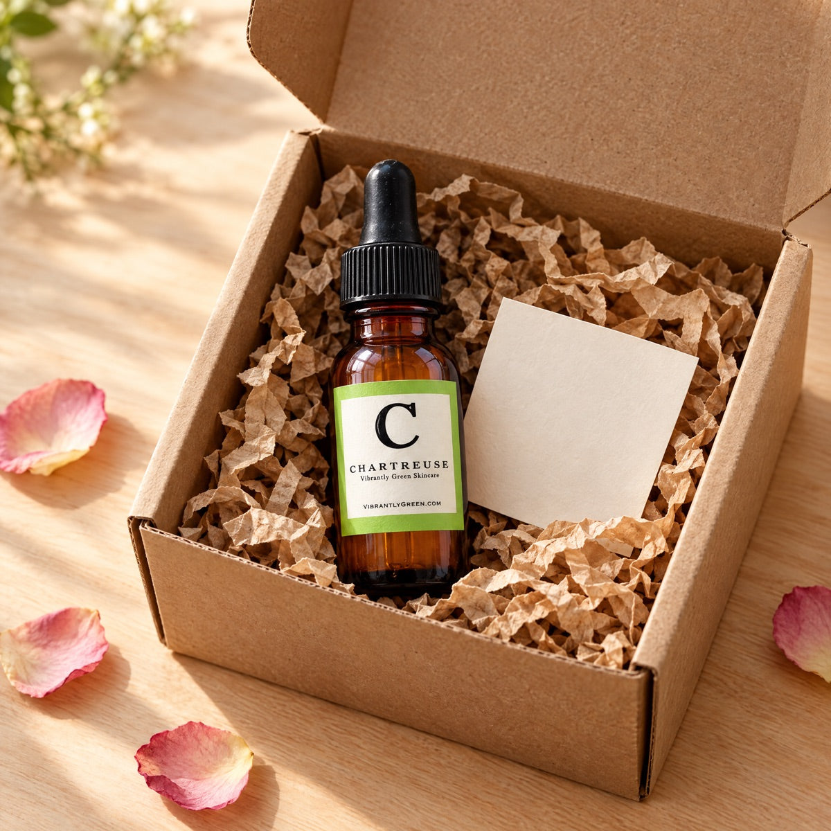 A fresh bottle of serum packed in a kraft mailer box